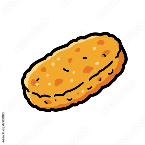 An illustration of a golden-brown, crispy hash brown patty with a dark outline, isolated on a white background.