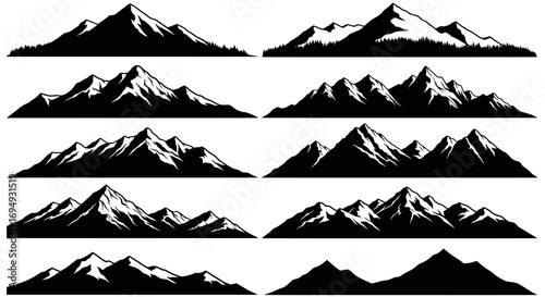 Collection of 12 Mountain Range Silhouettes Black and White Vector Graphics