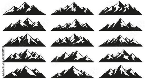 Collection of 15 Mountain Range Silhouettes Black and White Vector Graphics