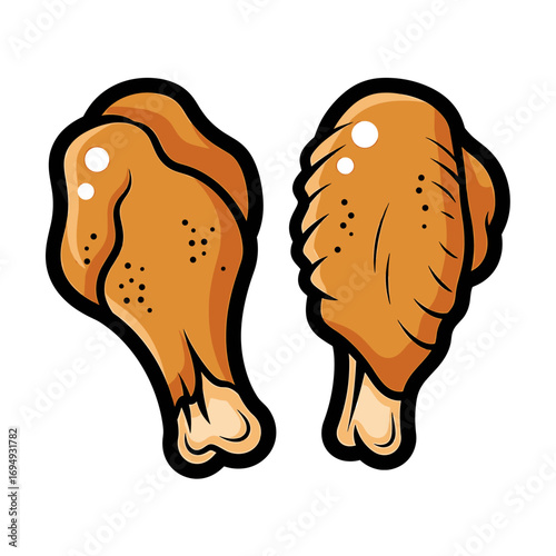 Cartoon illustration of two crispy fried chicken drumsticks.