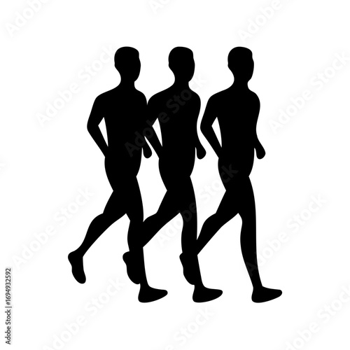 Black Silhouette of Three Runners in Sync Isolated on a White Background