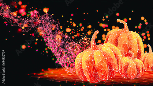 Digital enchantment in autumn ritual- glowing pumpkins made of geometric mesh rise from a stream of particles and light. A futuristic Halloween in coded colors.