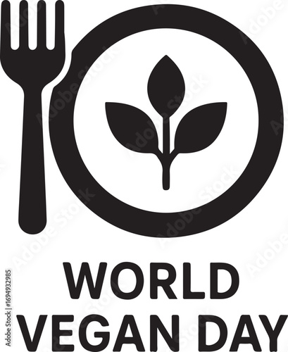 Isolated black vector World Vegan Day icon, flat black vegan meal, black vector plant based food, cruelty free concept, editable minimal design, isolated on transparent background
