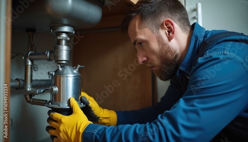 Male plumber installs repairs garbage disposal unit under kitchen sink. Contractor uses yellow gloves, blue workwear, focusing intently on pipes, plumbing fixtures. Household maintenance task in