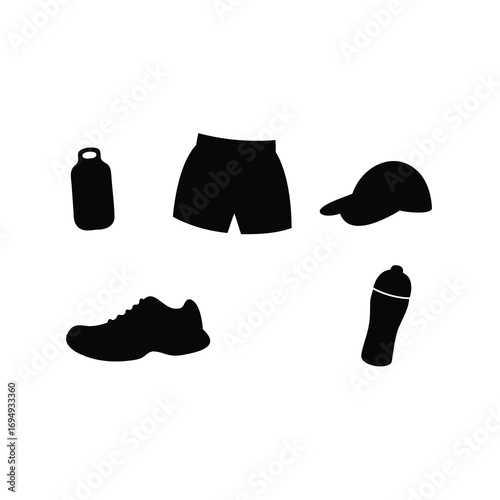 Silhouette of Workout Gear Featuring Shoes, Shorts, Bottle and Baseball Cap