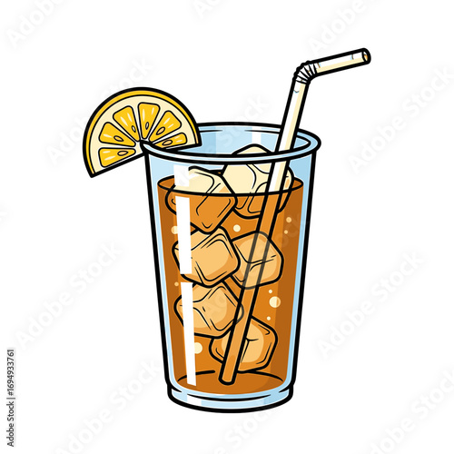 Cartoon illustration of iced tea in a glass with lemon slice and straw.