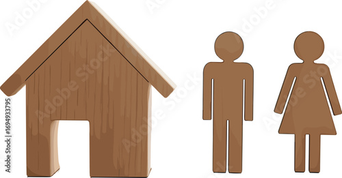 Wooden house and male female figures, family concept, home ownership, real estate, wooden texture, simple design, family living, property idea