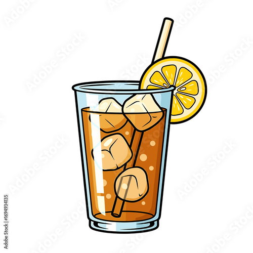 A refreshing cartoon illustration of iced tea with lemon slice and straw.