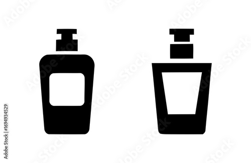 set of cosmetic bottles. black icons of dispenser bottles with labels