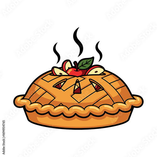 A freshly baked apple pie, steaming hot, with visible lattice crust and sliced apples on top.