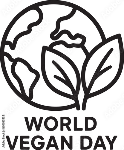 Isolated black vector World Vegan Day icon, black line vegan leaf, black vector vegan lifestyle, organic food, editable black design, isolated on transparent background