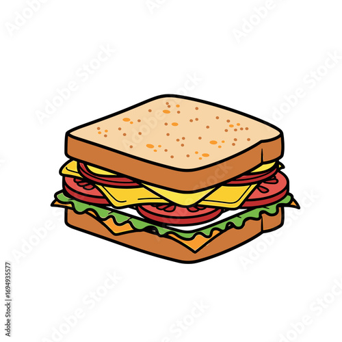 A delicious-looking sandwich with cheese, tomato, and lettuce between two slices of toasted bread.