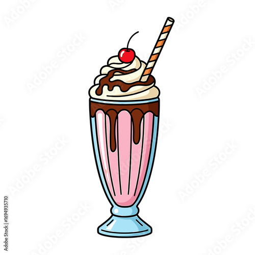 A colorful cartoon illustration of a milkshake with whipped cream and a cherry.