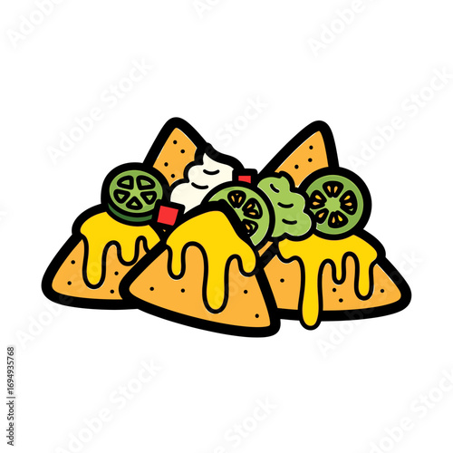 A vibrant illustration of nachos, topped with cheese, sour cream, guacamole, and lime wedges.