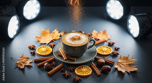 Autumn spice latte with cinnamon and citrus surrounded by maple leaves and chestnuts