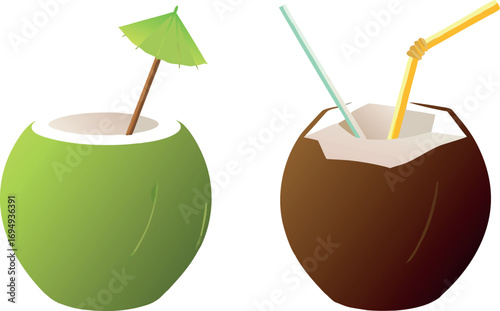 3d green with coconut and ripe coconut cocktails eps with white background