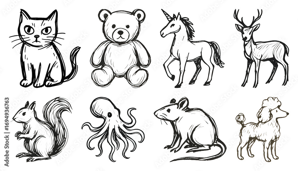Obraz premium PNG Hand-drawn animal sketch collection, element set on transparent background