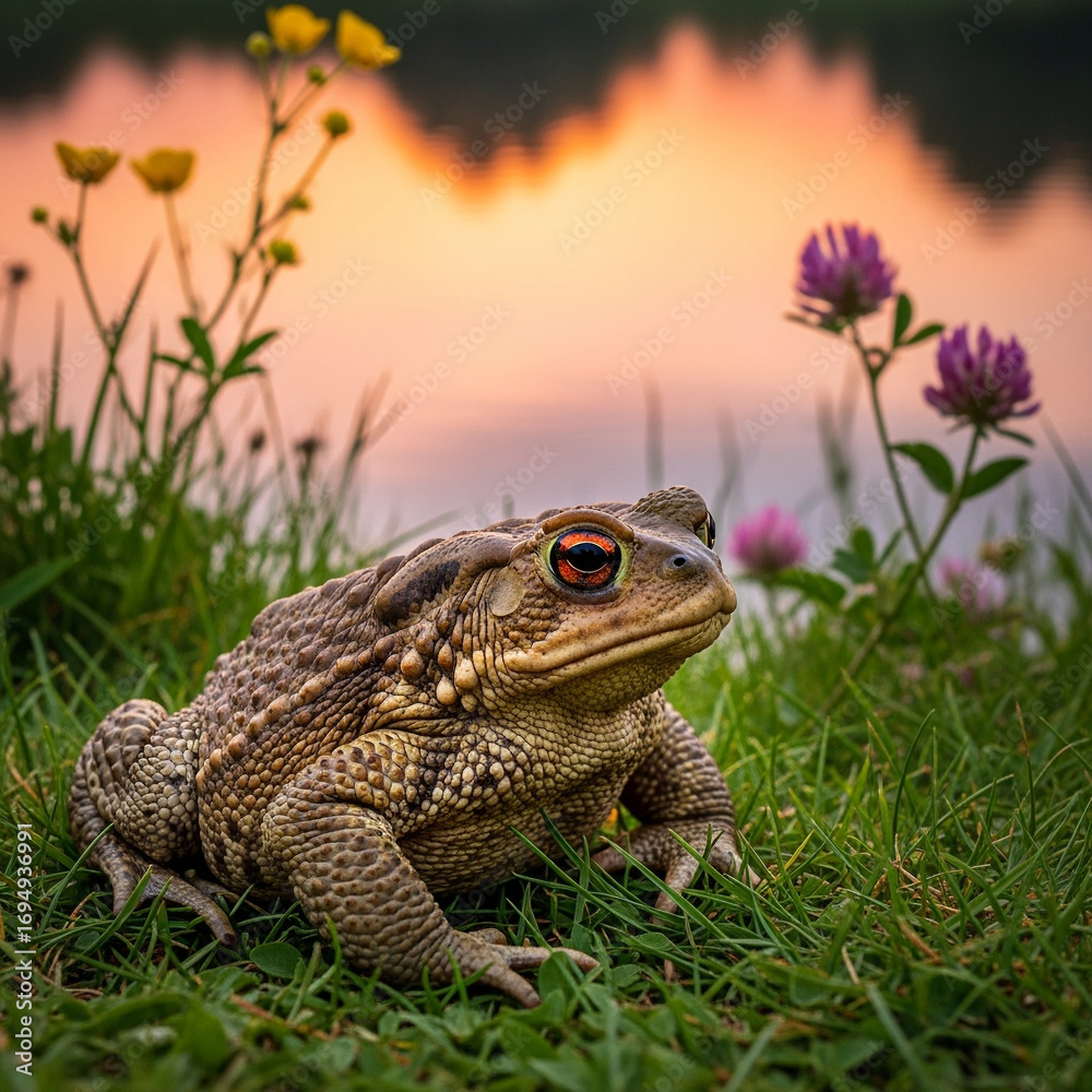 Obraz premium AI-Generated image of a realistic toad resting on green grass near a calm lake at sunset.