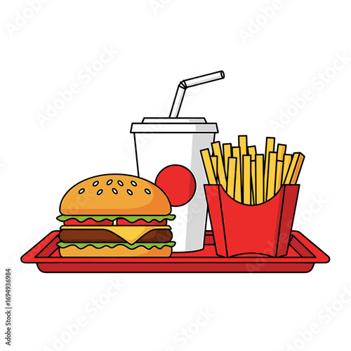 Cartoon depiction of a fast food meal: burger, fries, and a drink with a straw, all on a red tray.