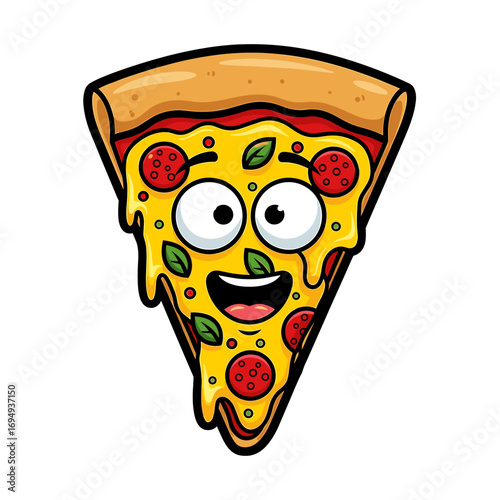 A cheerful cartoon pizza slice with pepperoni, cheese, and basil, smiling widely.