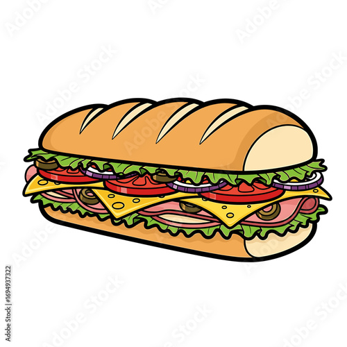 A colorful illustration of a large, fully loaded submarine sandwich, ready to eat.