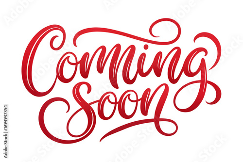 Coming soon message in red color isolated on transparent background, handwritten lettering for announcement, promotion, and marketing purposes