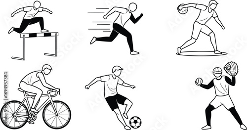 Six different sports illustrated in black and white line art.