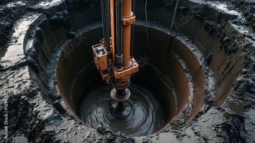 Heavy drilling machine excavating deep circular hole in muddy ground with construction equipment operating for foundation and infrastructure work