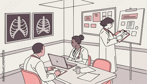A hospital conference room with doctors sitting around a table discussing X-rays and medical charts. Add a projector screen, laptops, whiteboards with notes, and a cinematic professional vibe.”