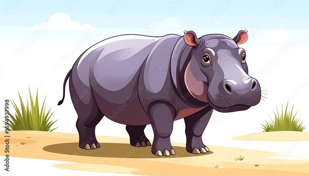 Fototapeta premium Cartoon hippo in a landscape