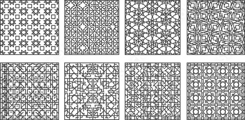 A collection of eight intricate black and white seamless geometric patterns arranged in a grid.
