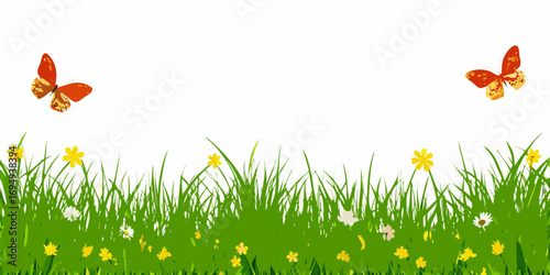 Vibrant green meadow with colorful wildflowers and two orange butterflies flying against a clean white background
