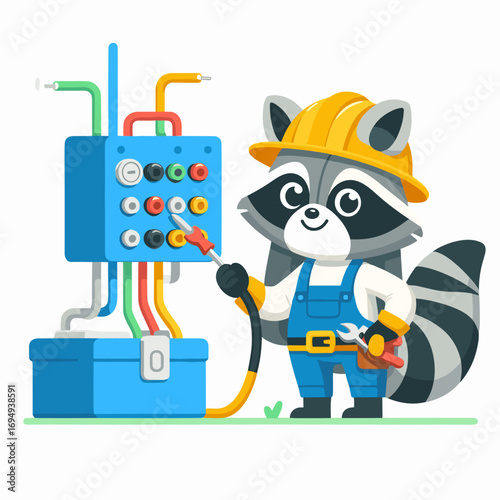 Cartoon raccoon electrician working on control panel with tools  
