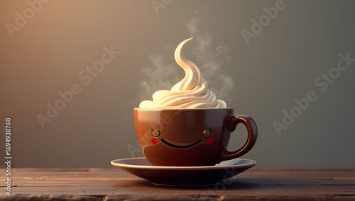 Cute coffee cup with whipped cream and a smiling face on a wooden table.