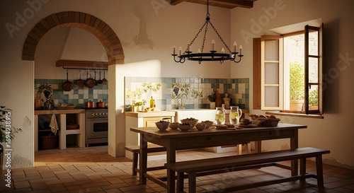 A rustic kitchen interior with a wooden table, benches, and a lit chandelier for design
