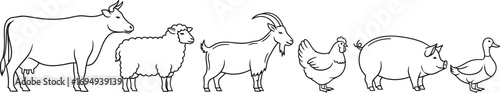 Farm animals in a row: cow, sheep, goat, hen, pig, duck.