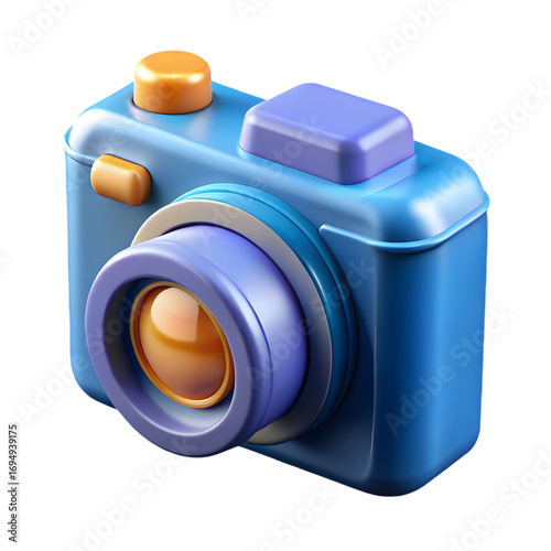 3D Render: Blue and Purple Cartoon Camera Icon;  Photography App, Website, or Game Asset;  Stylized Digital Camera Graphic