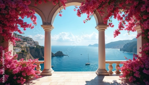 Mediterranean sea view through arched doorway framed by vibrant pink bougainvillea flowers. White coastal town sits on cliffside above blue ocean. Sailboat glides on calm water under bright sunny sky.