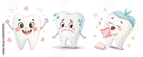 Three charming tooth characters showcase joy, worry, and sleepiness, offering an imaginative perspective on dental health while promoting the importance of caring for teeth