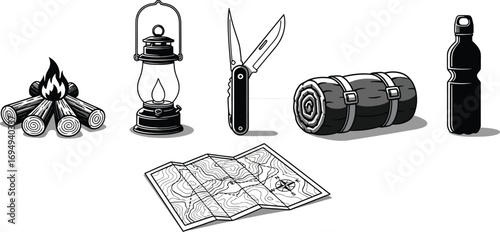 Camping gear illustration featuring a campfire, lantern, knife, sleeping bag, map, and water bottle.