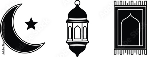Black and white icons representing Islamic culture, including a crescent moon and star, a traditional lantern, and a prayer rug.