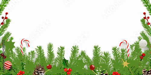 Festive christmas border with pine branches holly berries candy canes and pine cones on white background