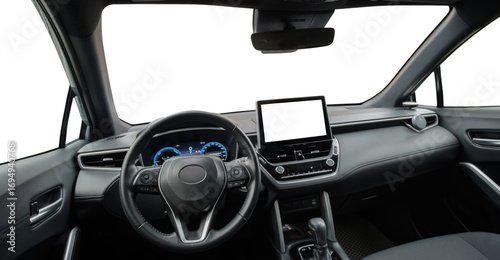 Car interior with isolated blank display screen and windshield