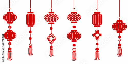 Collection of traditional red chinese lanterns hanging with tassels and ornaments