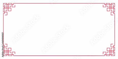 Traditional chinese red geometric border design with abstract square corner ornaments on white background