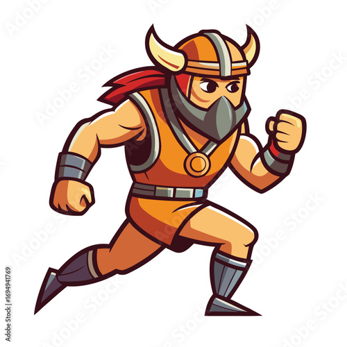 A dynamic vector cartoon illustration of a superhero boy running with a pirate character, designed for a comic-style sport