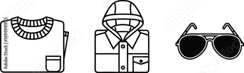 A minimalist line art illustration featuring a folded sweater, a collared shirt with a hood, and a pair of aviator sunglasses.