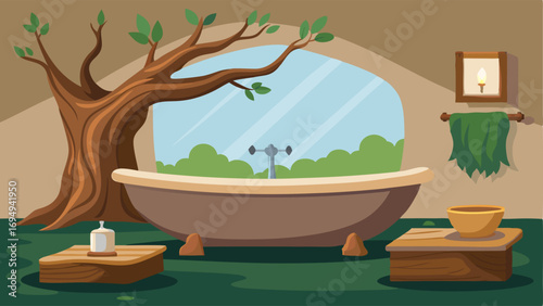 A master bathroom with a ra a statement bathtub made from natural stone and a vanity crafted from a polished tree trunk.