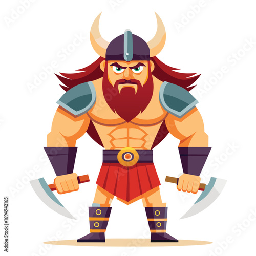 Cute cartoon vector illustration of a fun viking warrior character with an axe