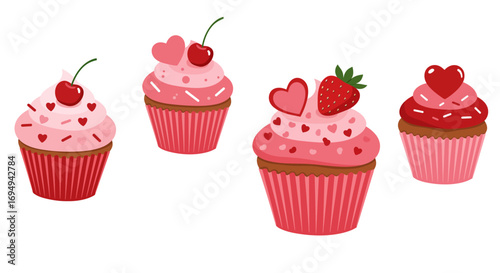 Adorable pink cupcakes with hearts and berries on white background